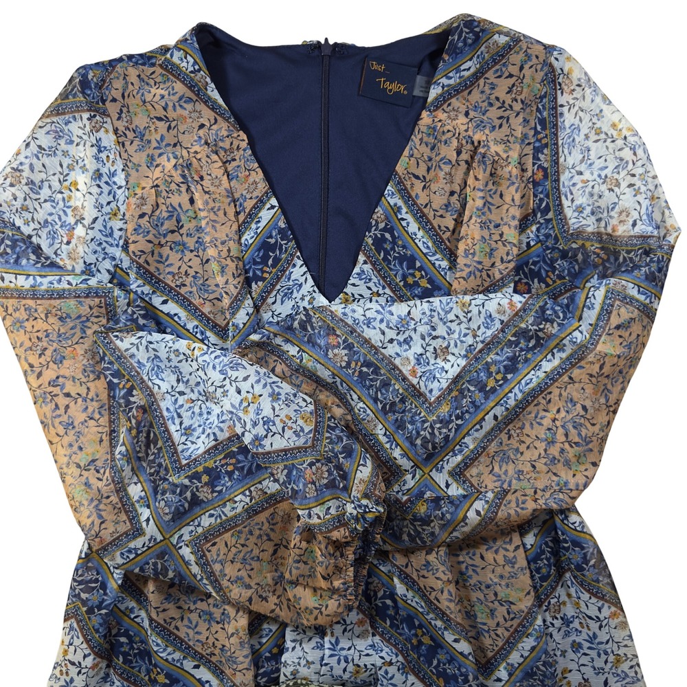 Just Taylor Floral Print Blue Beige Dress Long Sleeve V Neck Flowy Boho Size 12